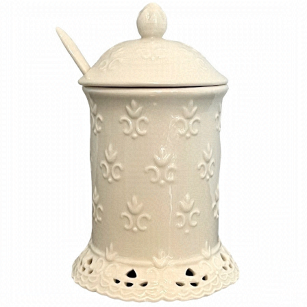 Skye McGhie 2005 Cream Lace Fine Porcelain Jam Container Lid & Spoon